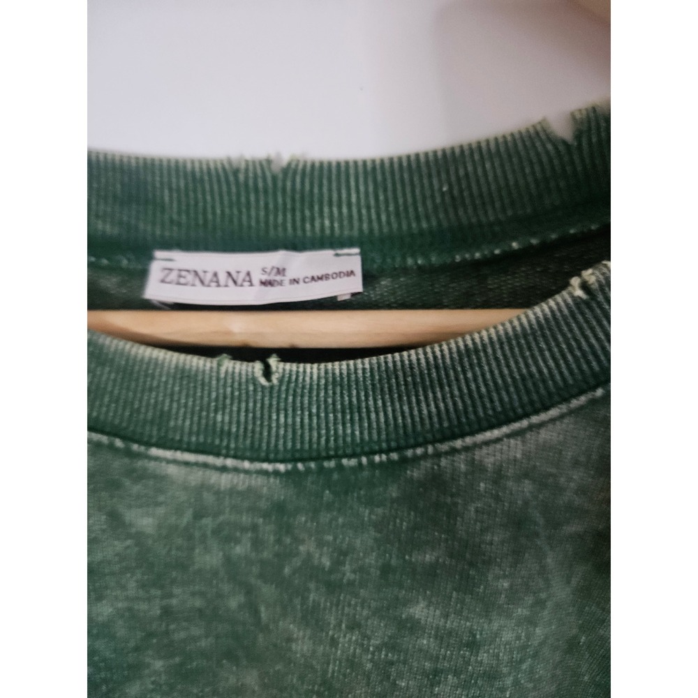 Zenana Sweatshirt Womens S/M Green Good Mineral Wash Distressed Oversized Seam - Picture 3 of 5